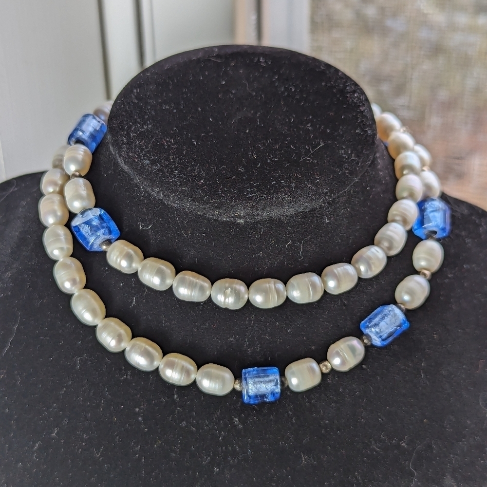 Vintage Necklace Chyropase white stones, clear blue glass beads, silver tone